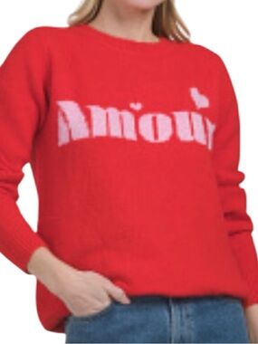 Cupcakes And Cashmere Amour Heart Sweater Red Fuzzy Knit Women M Cozy